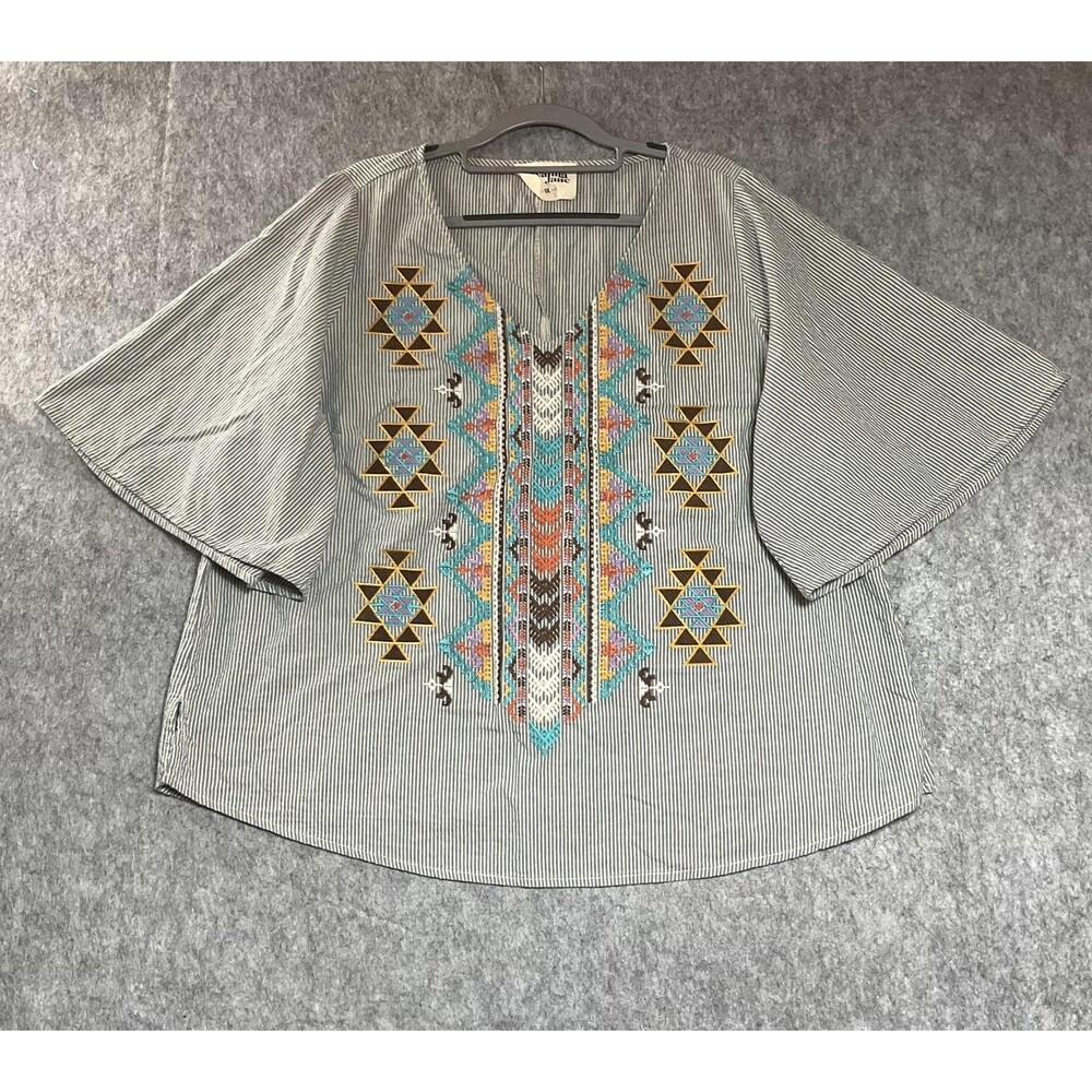 Savanna Jane Blouse Women 1X Multicolor Embroidered Boho Cotton Top Southwestern
